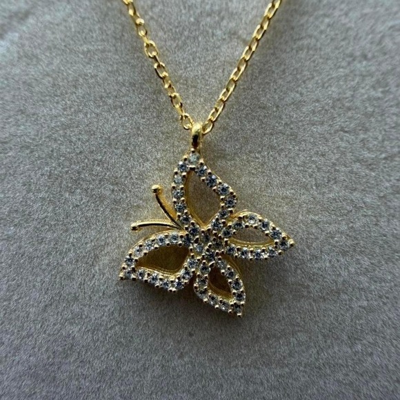 Jewelry - Gold Butterfly Pendant Necklace Pavé Crystal Charm Dainty Jewelry